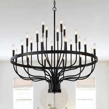 🕯️ 24-Light Black Industrial Candle Chandelier – Modern Farmhouse Pendant Light