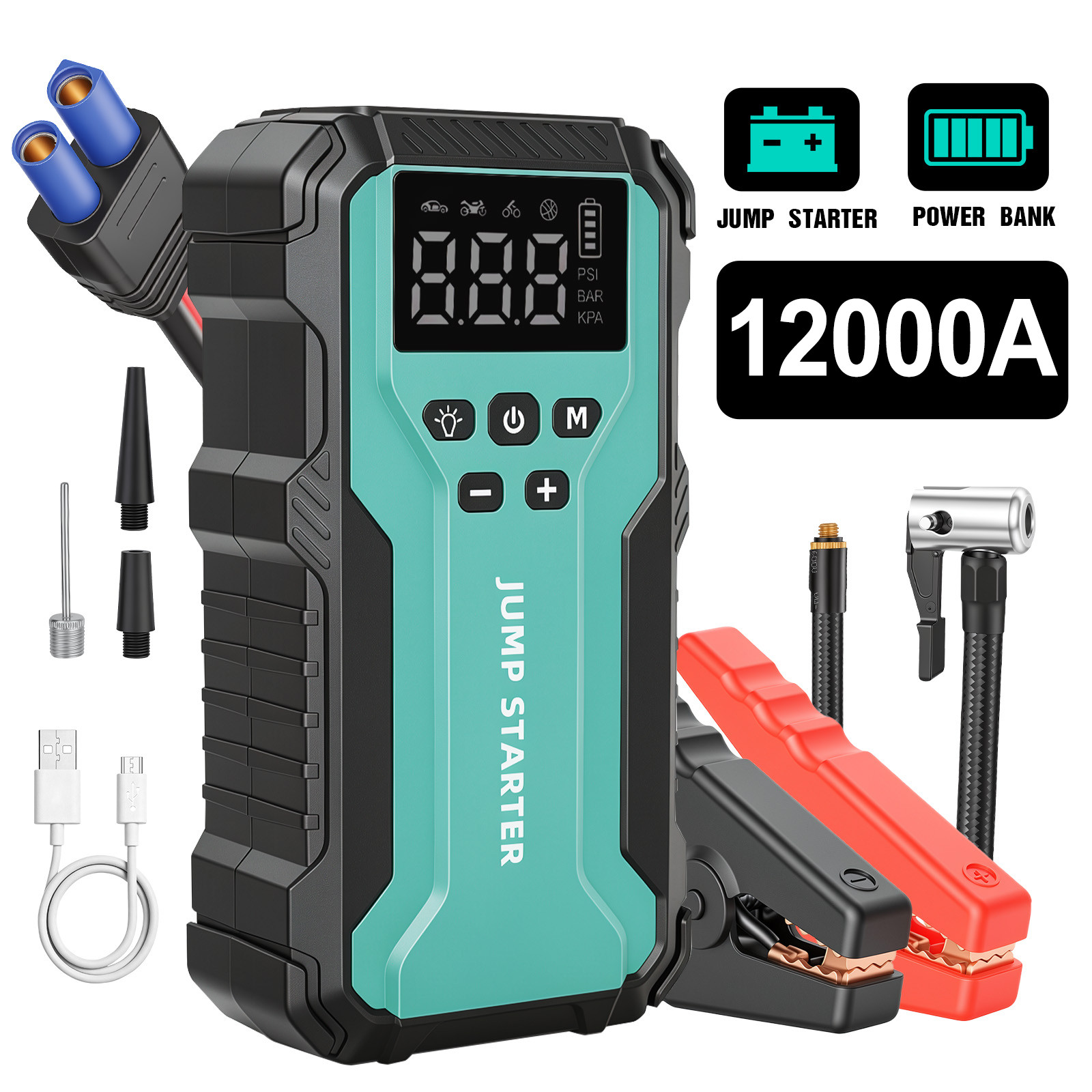 12000A Car Jump Starter w/ Air compressor Booster Jumper Power Bank Car Battery