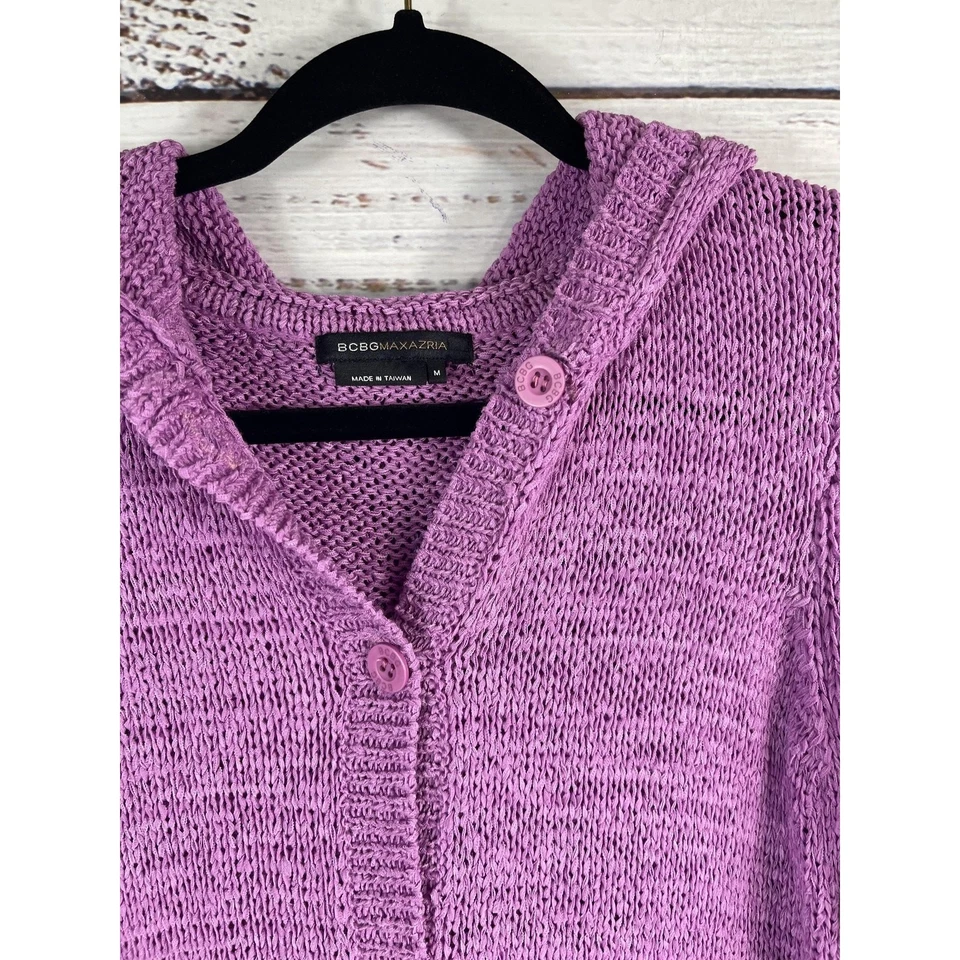 BCBGMAXAZRIA Sweater Women's Medium Purple Hooded Button Cardigan Crochet Hem - Image 3 of 4