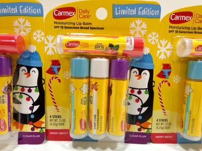 3 Carmex Limited Ed Merry Berry Sugar Cookie Candy Cane Sugar Plum Lip Balm