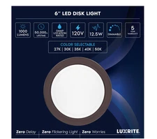 New LUXRITE LR23872 Disk Light Bronze Finish CCT Selectable 6" Free US Shipping