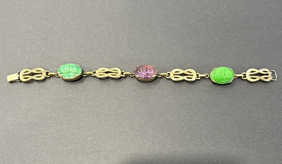 Vintage Mid-Century Gold Filled Scarab Bracelet with Rare Jadeite - Image 2 of 4