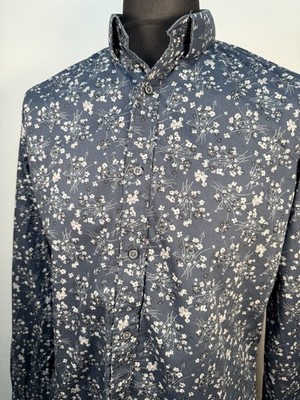 Next Herren Langarm Hemd mit Blumenmuster Large Slim Fit Blau Baumwolle