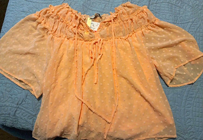 LC Lauren Conrad Peach Polka Dot Chiffon Off Shoulder Peasant Blouse M