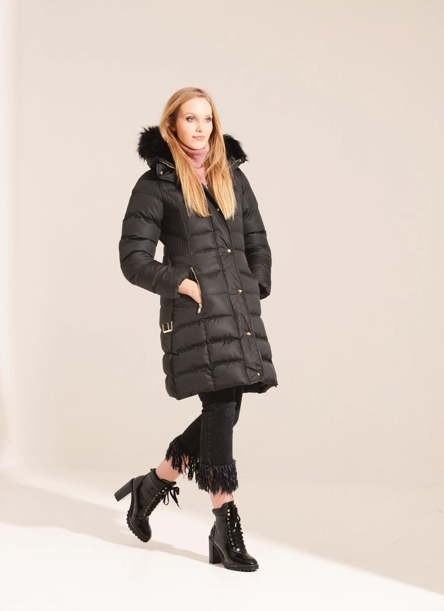 Womens black top belted winter coat