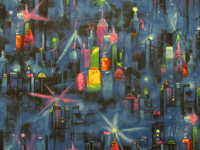 NYC NEW YORK CITY BUILDINGS LANDMARKS BLUE BRIGHT COTTON FABRIC FQ