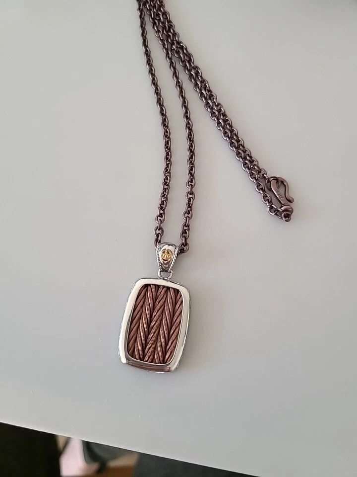 Collar colgante ALOR unisex de acero, cable de acero marrón y oro amarillo de 18k. Nuevo sin etiquetas Foto 3 de 4