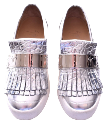 GIUSEPPE ZANOTTI Silver Metallic Leather Fringed Kiltie Slip On