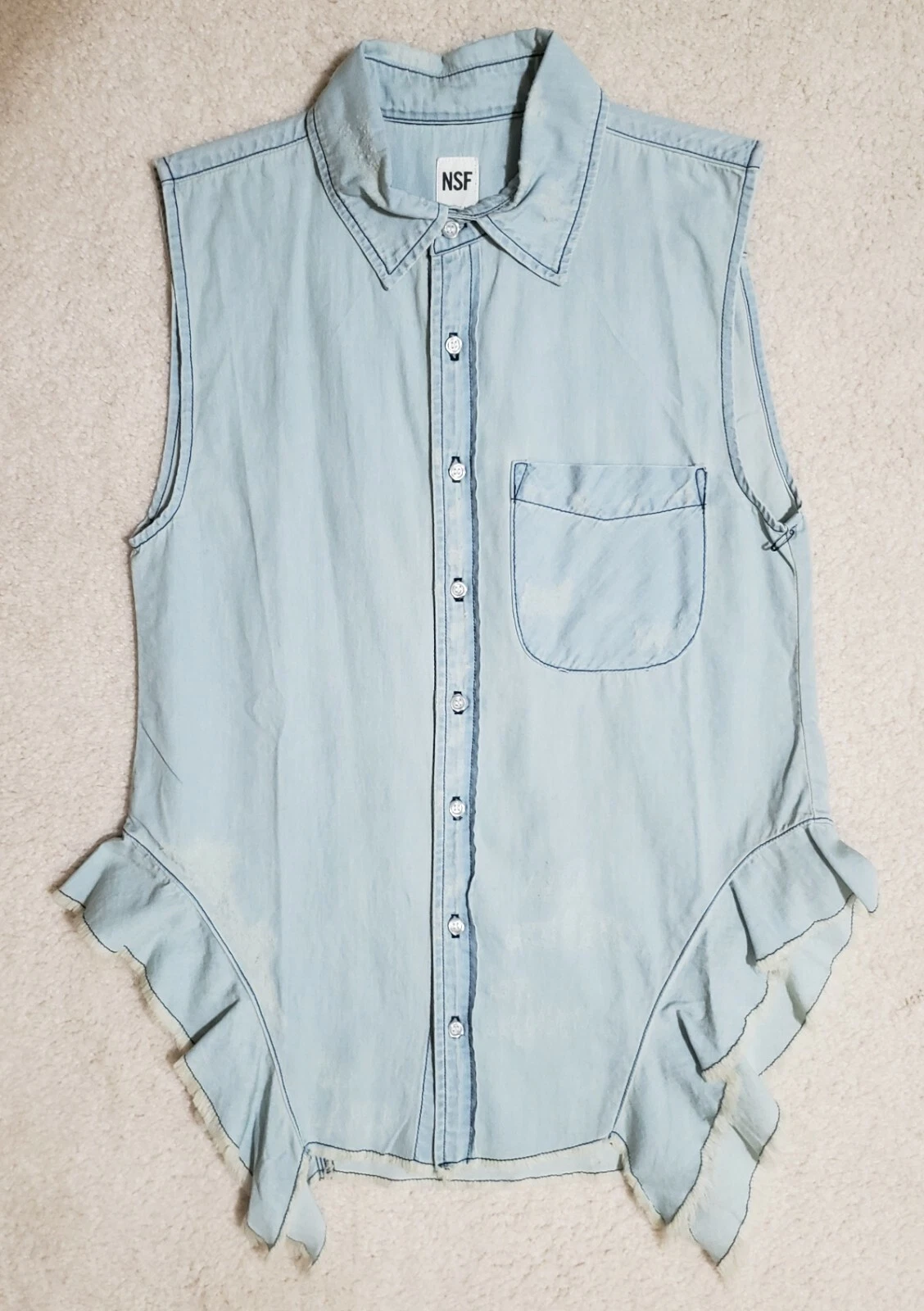 NSF Womens Faded Denim Button down Sleeveless Top Small
Opens in a new window or tab
