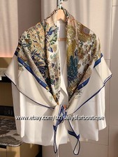 70 Cashmere 30 Silk Wrap Scarf Garden Print Double Face Shawl 53" Blue/Green