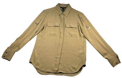 White House Black Market Blouse Womens size 0 Brown Button Down Roll Tab Lng Slv