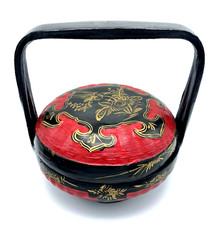 Chinese Peranakan Wedding Basket Hand Painted Black/Red Bamboo vintage