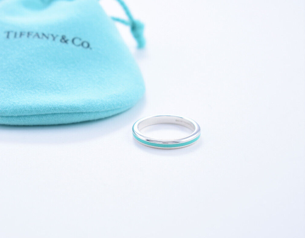 Size Tiffany Co Sterling Silver Blue Enamel Stripe Ring in
