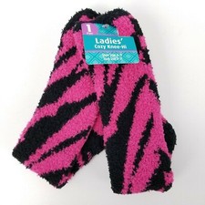1 Pair Ladies Cozy Plush Stretch Knee High Pink Black Zebra Print Socks sz 9-11