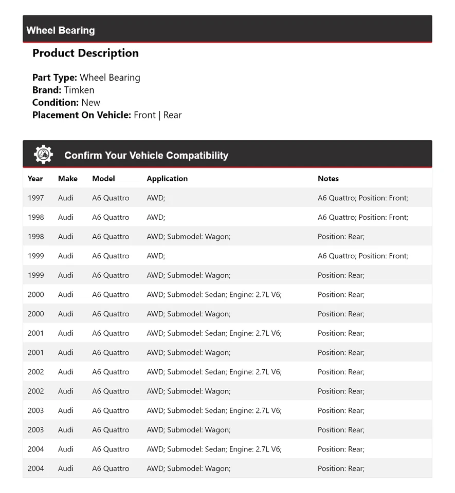Cojinete de rueda Timken 1998 1999 2000 2001 2002 para Audi A6 Quattro 1997-2004 AWD Foto 2 de 4