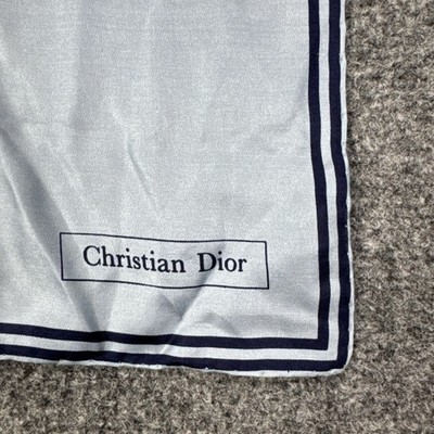 Christian Dior Scarf Womens 21x21 Blue Stripe Silk Square Logo