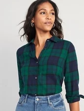 Old Navy Womens The Classic Shirt Plaid Button Down Cotton Flannel Green Size XS