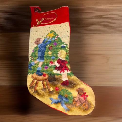 Lilian Vernon Needlepoint Christmas Stocking SYLVIA Children Decorate Vintage - Picture 2 of 3