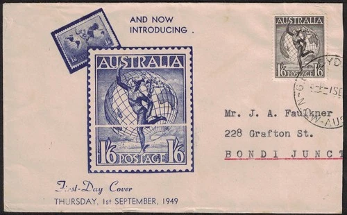 AUSTRALIA, 1st SEPTEMBER 1949,  1/6 HERMES SG 223a, ILLUSTRATED FIRST DAY COVER.