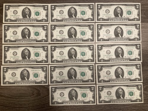 ( 14 ) Consecutive Uncirculated $2 Bills Series 2021 G FRB G86186473A-G86186486A