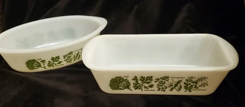 Glasbake Milk Glass Oval Baking Dish & Loaf PAN Green Spice Herb J235 J522 VTG