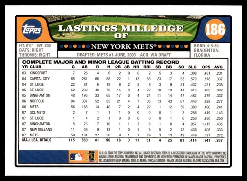 2008 Topps Lastings Milledge New York Mets #186 - Picture 2 of 2