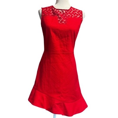 maje red lace dress coral-red-maje-lace-a-line-fit-flare-cut-out-grommet-midi-dress-brown-suede-block-heel-sandals-garden-party-tulips-fashion-style2 - MEMORANDUM