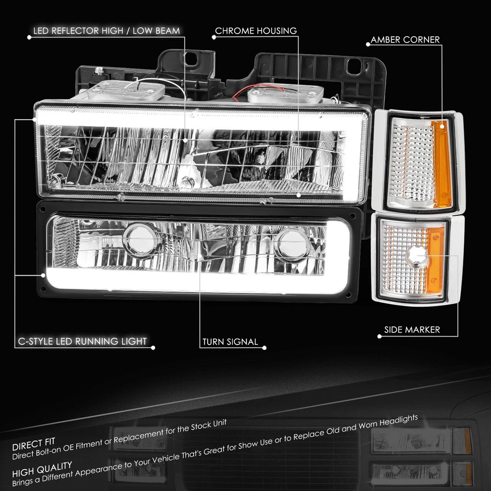 Faro + señal + lámpara de esquina ámbar cromada Fit 94-00 GMC C/K 1500-3500 C-LED DRL Foto 2 de 4