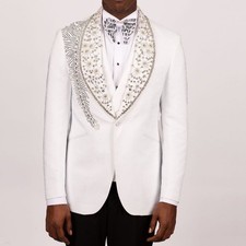 White Men's Suits Luxury Beaded Shawl Lapel Jacket 3PCS Business Formal Coat