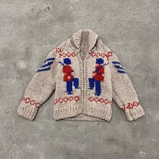 Vintage Kids 1950s Hand Knit Boys Cowichan Hockey Zip Up Sweater Youth See Meas.