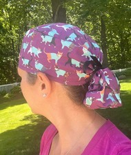 Cats cat scrubs vet purple ponytail scrub surgical surgery hat OR cap womens