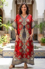 Long Polyester Kaftan Ladies Red Dashiki Print Beach Cover Up L-52" Boho Tribal