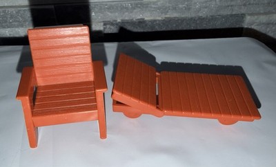 Vintage Fisher Price Doll House Lawn Furniture Outdoor Orange Lounge & Chair