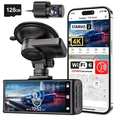 4K Ultra HD Dash Camera with 3.18'' Touch Screen & 5GHz WiFi   Front & Rear View