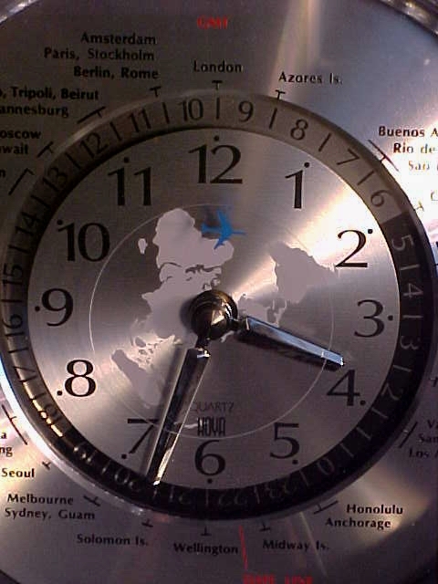 LG Hoya Japan Crystal Glass Clock INTERNATIONAL TIME Blue Airplane