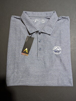 NWT MEN'S ANTIGUA ESTEEM POLO, SIZE: 2XL, COLOR: NAVY HEATHER/WHITE STRIPED (M5)