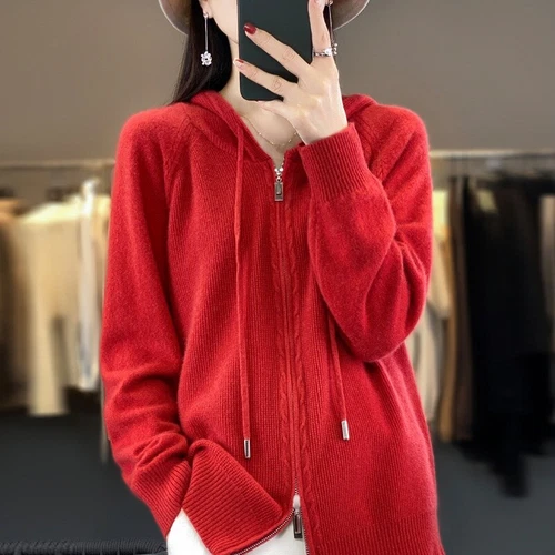 Damen Tops Mantel Pullover Hoodie Strick Cardigan Kapuze Freizeit Reißverschluss Kaschmir - Bild 5 von 25