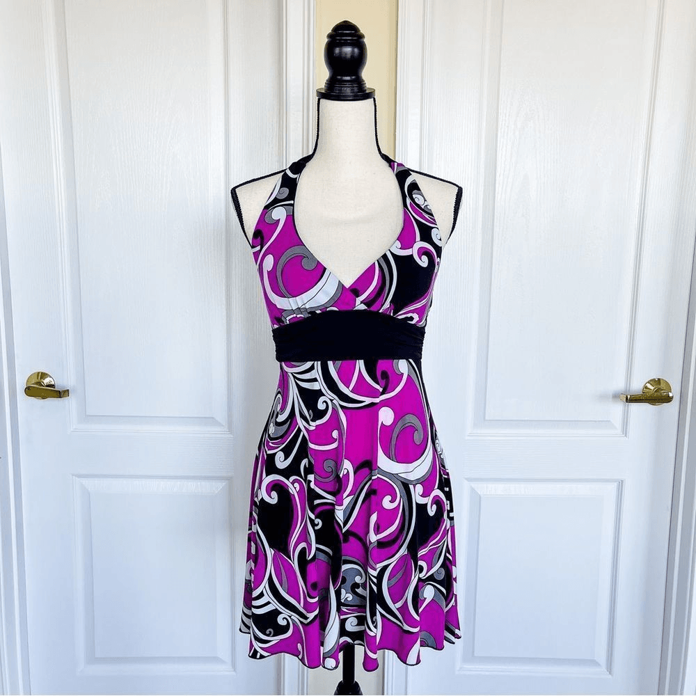 swirl design dress Purple Black White Pattern Plunging Neckline Tie Neck Waist & Back Paint swirl The Best Celebrity Birthday La Sarta Style it with heels Choose Your Fabric Type:Linen Rayon Robert Kaufman Brussels Washer Linen 50” 6 oz 55/45