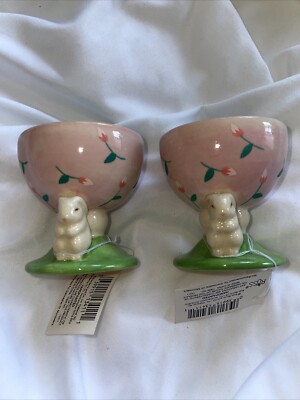 Ceramic Egg Cups Easter Pink With Bunny Set Of (2) 2.5  Hand Painted