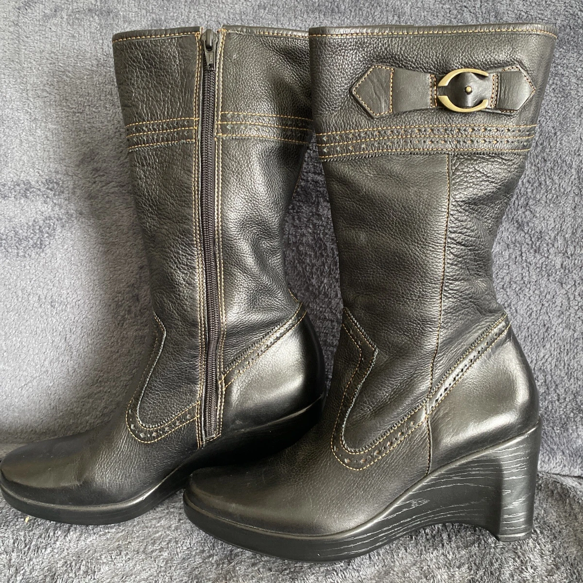 New BASS Biondi Style 34050 7 Wedge Heel Black Leather BOOTS Size 8 M NWOB