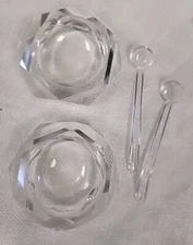 Lot Vintage Hexagon Glass Open Salt Cellars - Dips Set of 2 with Spoons