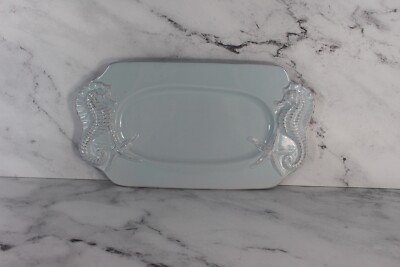 2015 Seahorse Handled Rectangular Ceramic Serving Tray Blue Sky Clayworks NEW 