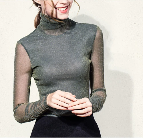 Sexy Ladies Womens Lace Sheer High Turtleneck Mesh Tee Tops Blouse Shirts Party - Picture 10 of 21