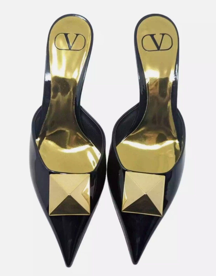 NIB Valentino Garavani Roman Black/Gold One Stud 70mm Pointed Mule