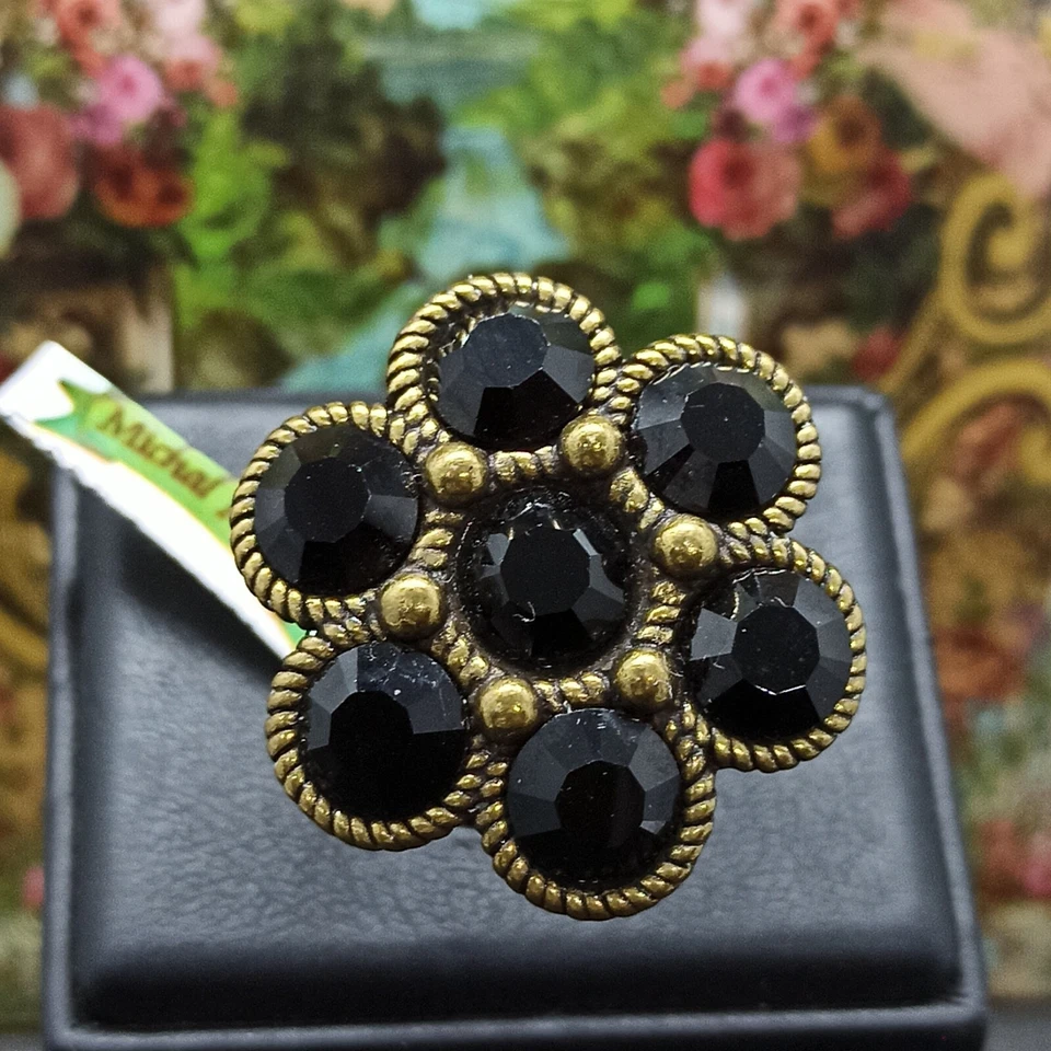 Michal Negrin Ring Gothic Large Chunky Black Flower With Swarovski Crystals New - Image 3 of 4