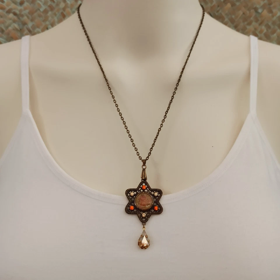 Collar Michal Negrin Estrella de David Cabujón Rosas Retro Beige Cristales Regalo 19 Foto 3 de 4