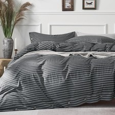 Cotton Duvet Cover King Size - Gray Pinstriped Comforter Cover with Button 10...