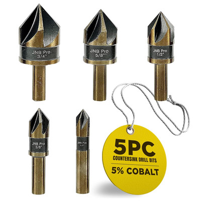 5PC Countersink Bits for Steel - Sizes 1/4'' 3/8'' 1/2'' 5/8'' 3/4'', Metal Working C