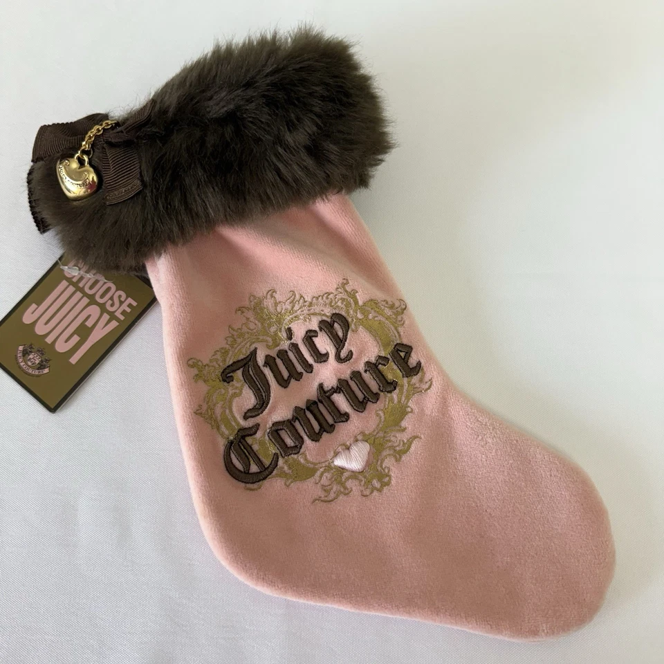  Juicy Couture Vintage Y2K Rosa Navidad Medias Imitación Piel Arco Oro Corazón Dije Foto 2 de 4