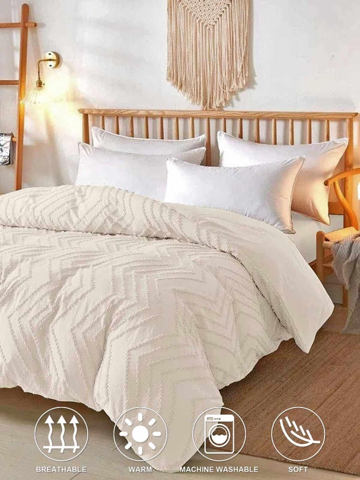 King Comforter Set Beige Tufted Jacquard Boho Soft Shabby Chic Reversible Dow...